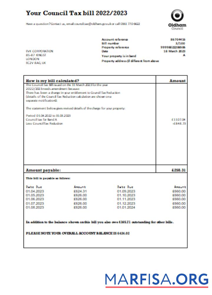 Blank Oldham council tax business bill, SCR example
